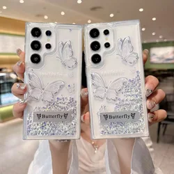 Luxury Butterfly Patterned Glitter Liquid Stand Clear Case Cover for Samsung S24 Ultra S23 Plus S22 Bling Quicksand Phone Capa