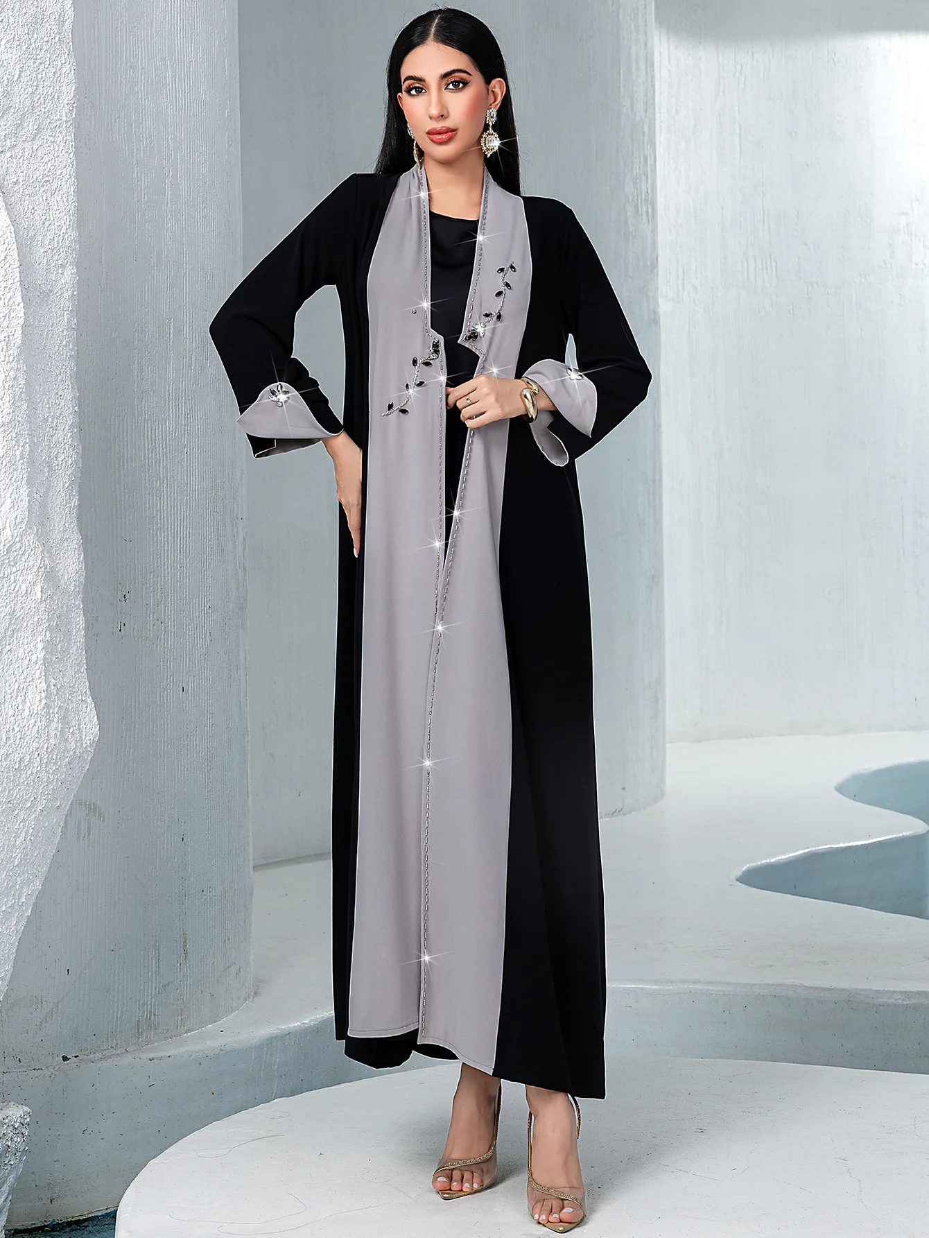 Open Voorzijde Abaya Diamanten Moslim Lange Mouw Arabische Abaya Midden-Oosten Turkije Kaftans Vrouwen Jalabiya Islamitische Maxi Jurk Turkije