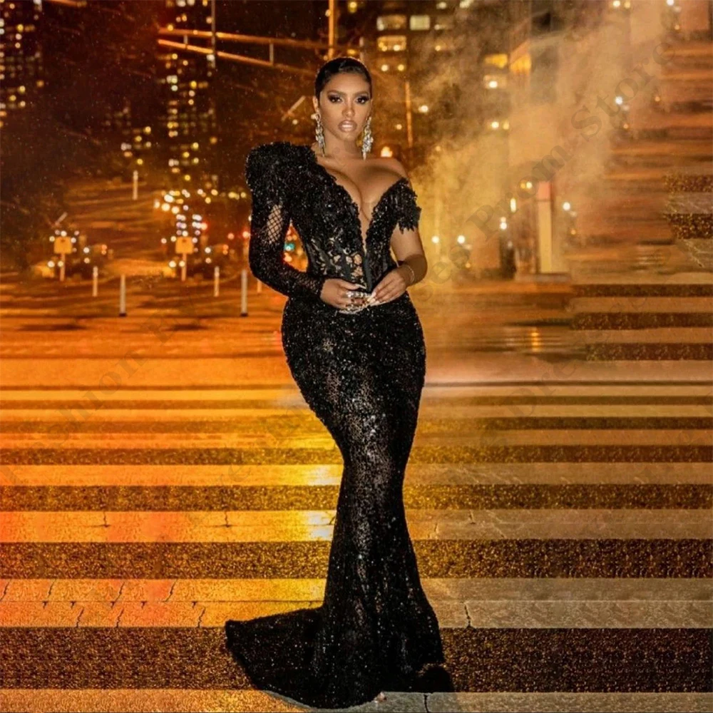 Luxury Black Women's Evening Dresses Mermaid Lace Applique One Shoulder Sleeve Princess Prom Gowns Fashion Celebrity Party Arab