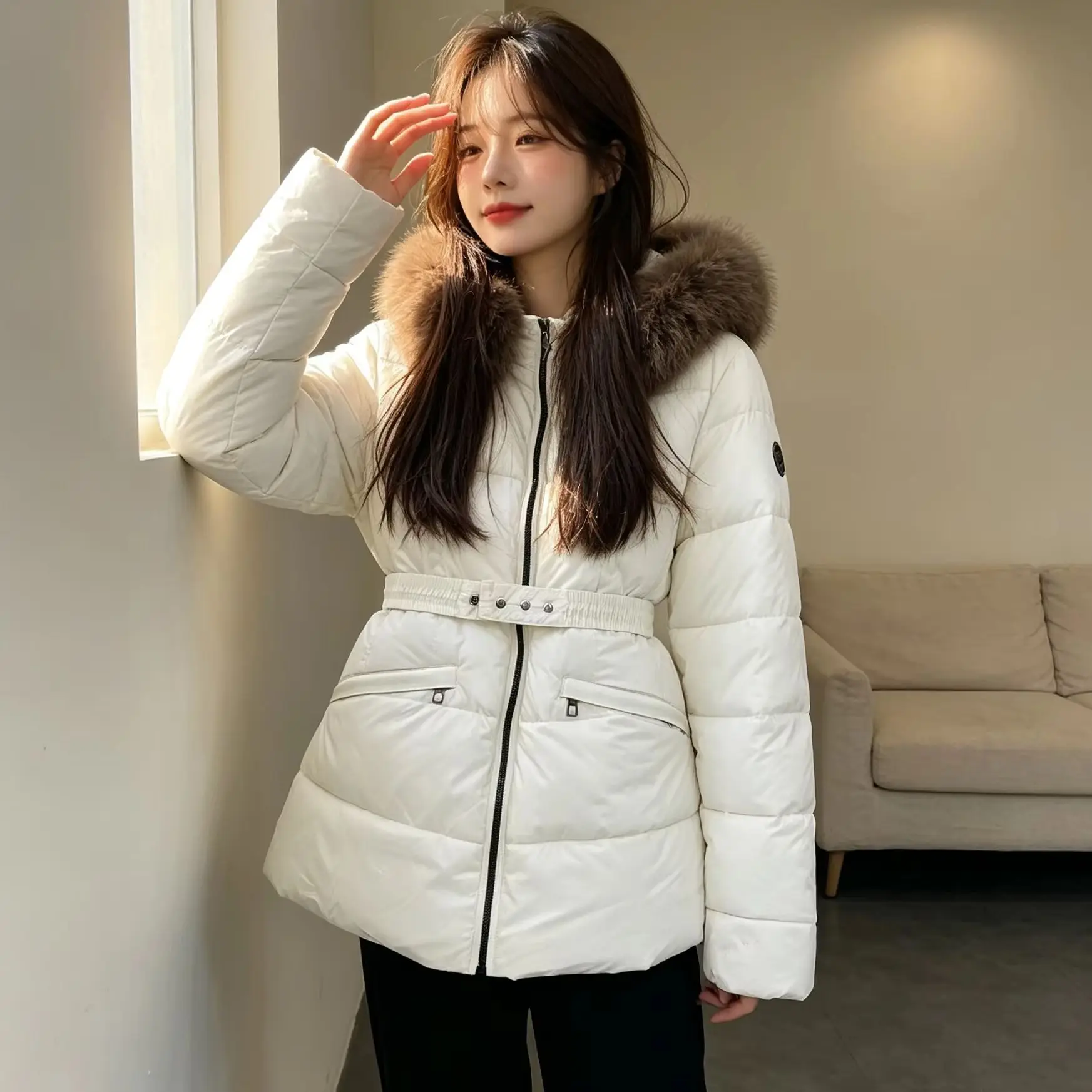 2026 Winter Women Waist‑Tighten Puffer Jacket Slim Female Fur Hood Drawstring Waist Warm Padded Parkas Coat Chic OL Outerwear