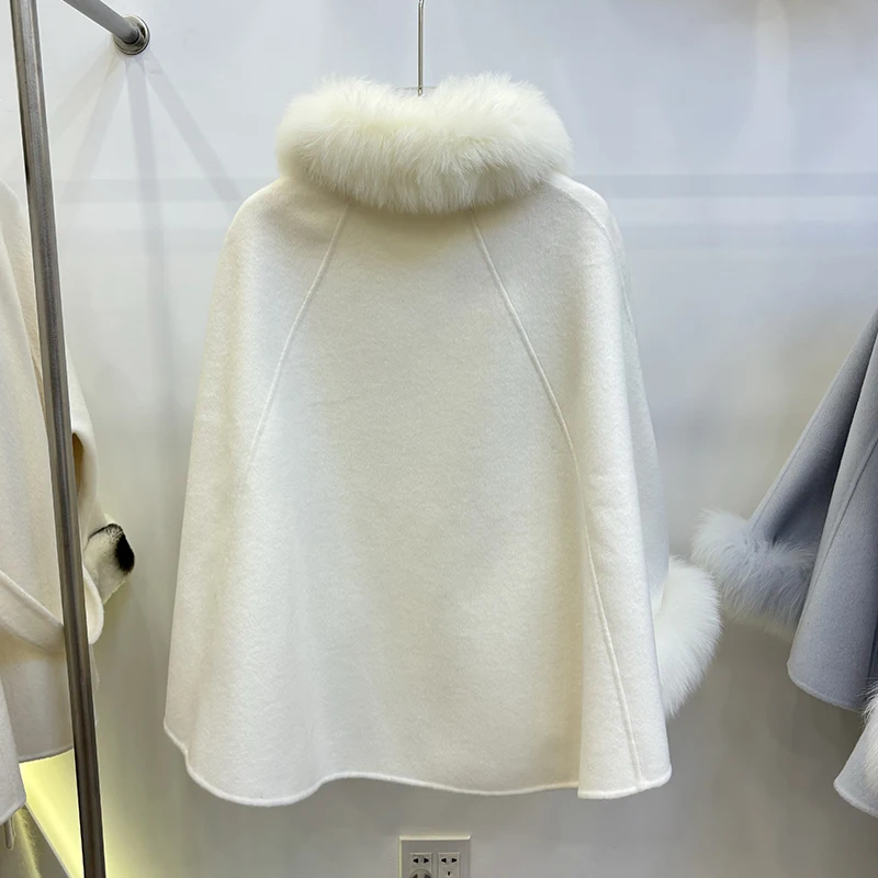 Women Autumn Loose Blue Girl's Woolen Cape Oversize Real Fox Fur Collar and Cuff Pink Woolen Cloak Coat