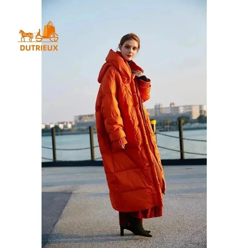 Winter Women Cotton-padded Jacket,Orange Mid-length Loose High-end Luxury Down for Women,90%White Duck Travel