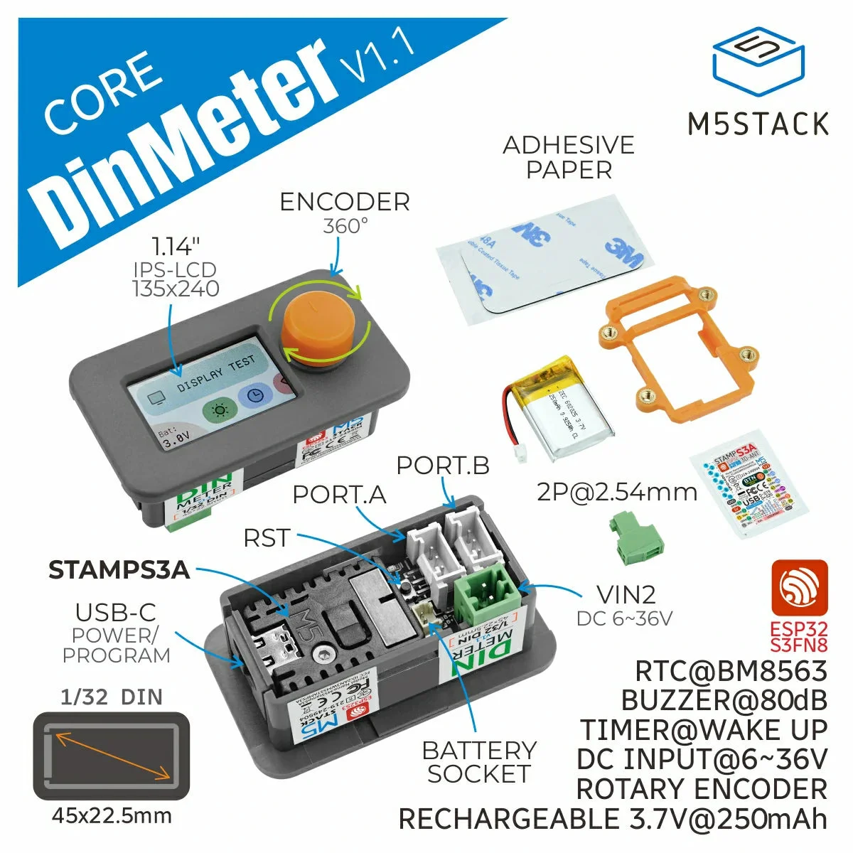 M5Stack Din Meter V1.1 with M5StampS3A ESP32-S3 1/32 DIN Programmable Development Board