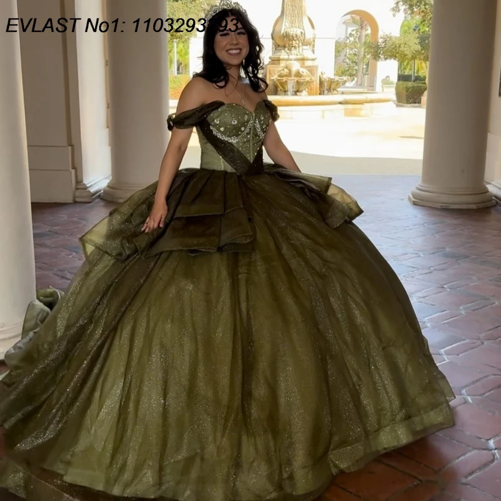 

EVLAST Customized Glitter Green Quinceanera Dress Ball Gown Shiny Applique Beading Tiered Sweet 16 Vestido De 15 Anos E1Q450