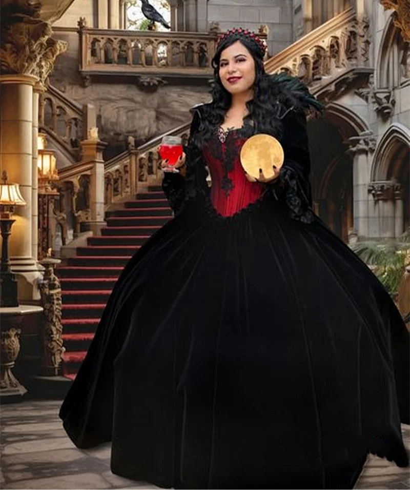 Vintage Gothic Black And Red Wedding Dress Long Sleeves Velvet Floor Length Special Occasion Gown For Women 2024 Customized