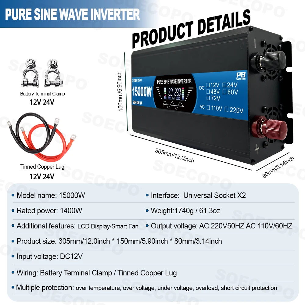 SOECOPO 7000W Solar System Kit for Home: 200W Panel, Pure Sine Wave Inverter 2 sockets 12V 110V/220V, 100A Controller Camping
