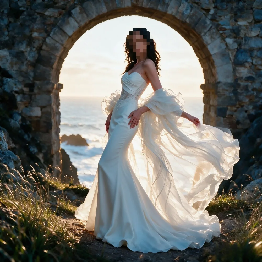 Customized Elegant Backless Trailing Mermaid Wedding Dresses 2026 New Strapless Lace Corset Fluffy Flowing Sleeves Bridal Gown