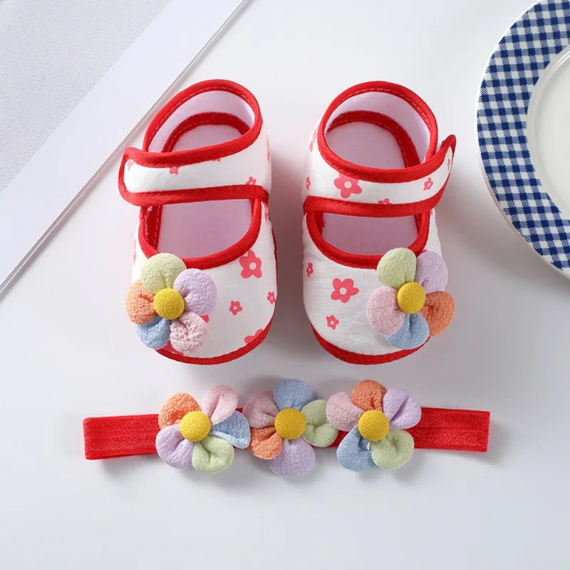 

Spring Lovely Baby Shoes Infant Flower Print Soft Cotton Shoes First Walkers Newborn Leisure Princess Shoes With Free Hairband