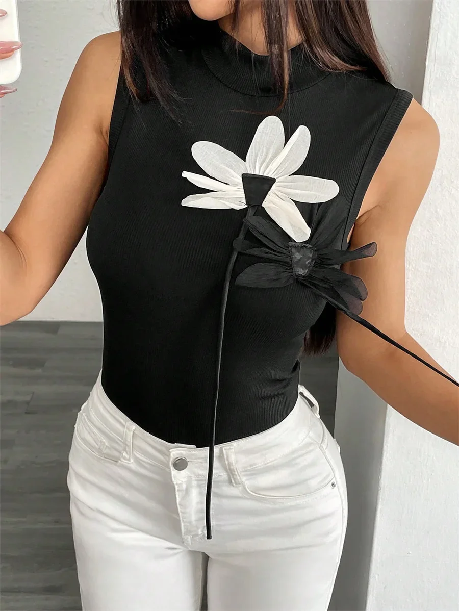 

Heavy Industry 3D Flower Rib-knit Black T Shirt Women's Summer New Fashion Mock Neck Sleeveless Slim-fit Tshirt Tops