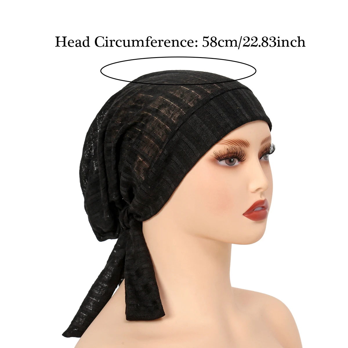 Trendy Stripe Long Tail Hijab Turban Hats Muslim Solid Color Head Wraps Elastic Breathable Chemo Cap For Women Girls