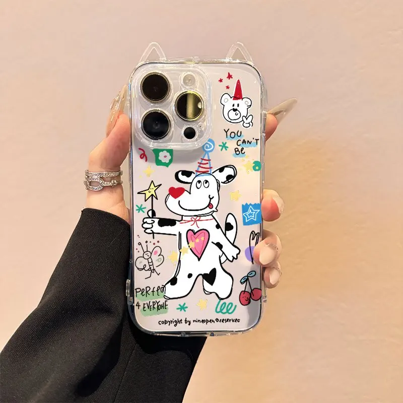 Super Cute Graffiti Puppy Phone Case For iPhone 17 16 15 14 13 12 11 Pro Max 17 Air XSMax XS XR X 7 8 Plus Cat Ear Soft Cover