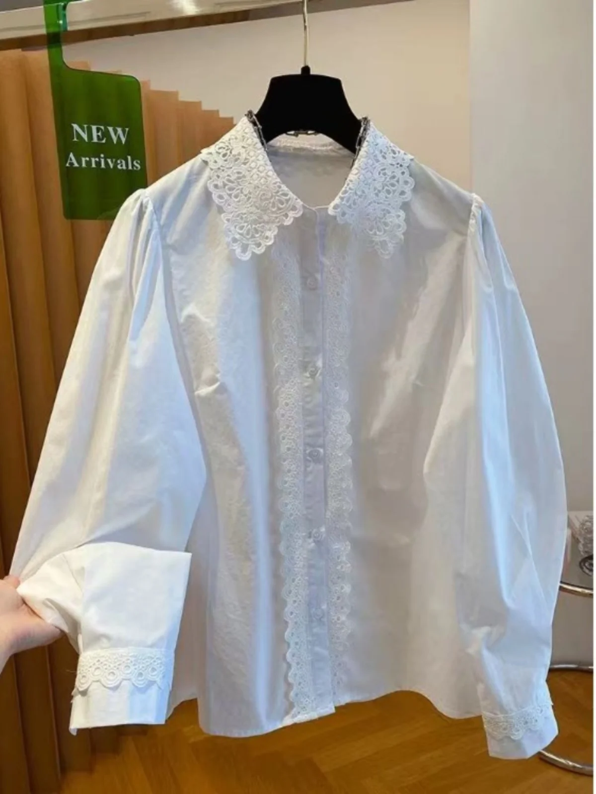 

Ele Lace Trim Splice Turn-down Collar Loose Women's irt Beautiful White Top Spring 2025 New Arrival Cotton 00%
