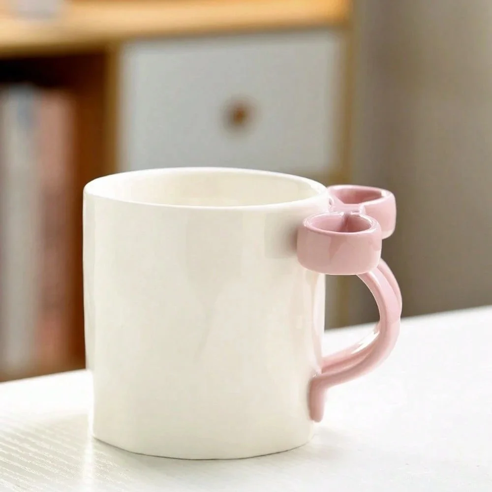 Cute Bowknot Ceramic Mug, 400ml 13.53oz Honeycomb Texture Coffee Cup, Large Capacity Happy Girl Coffee Mug, Perfect Choice For