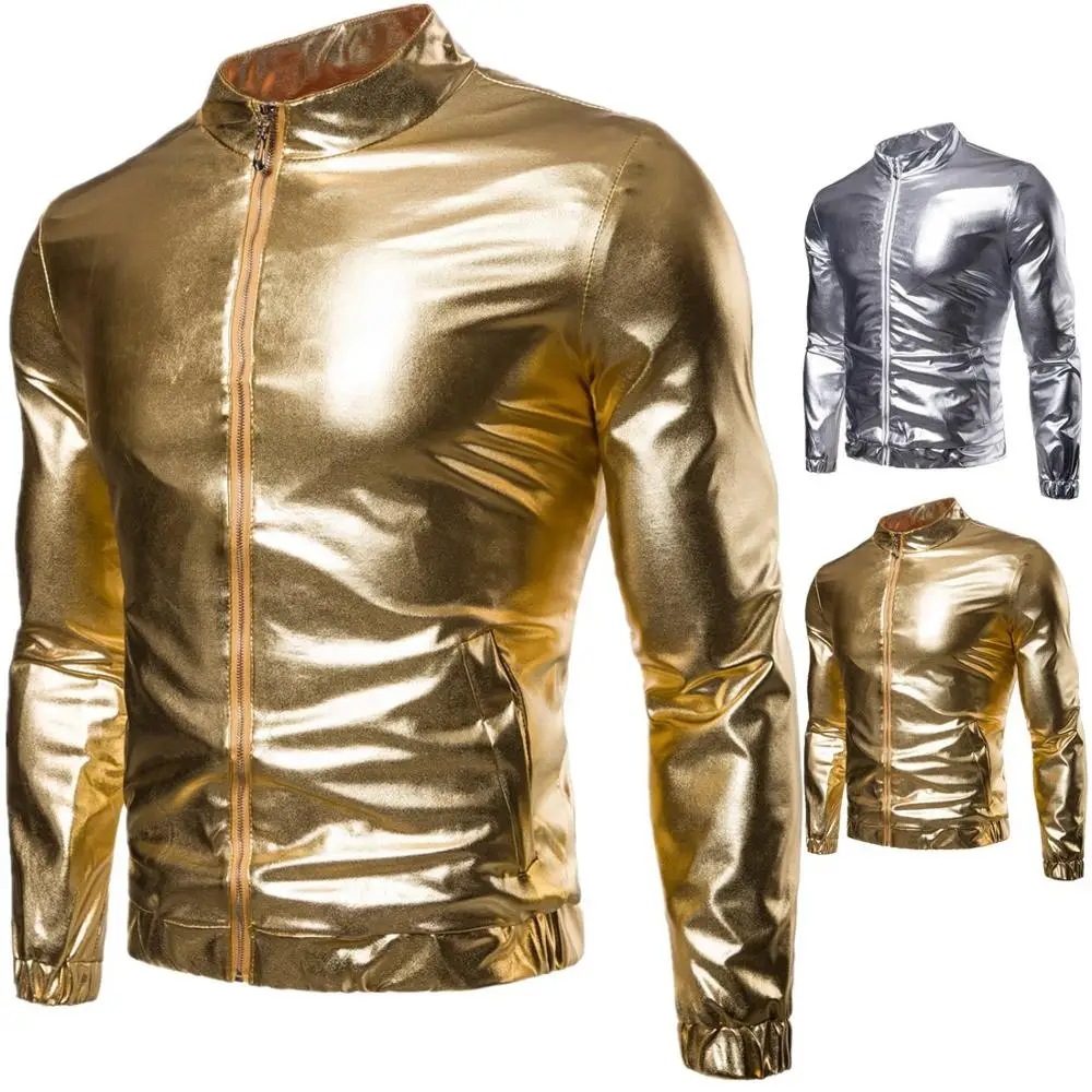 

Hot 20209 Spring Autumn Casual Nightclub Loose Barber European American Men's Clothing Gold Siliver Men's Thin Bright Jacket