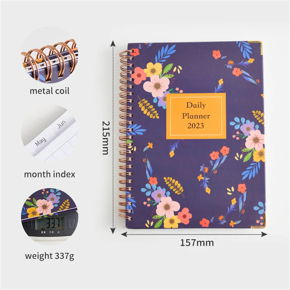 2023 365 Days Schedule Book A5 Coil Notepad Creative Flower Pattern Planner Reminder Timetable Desk Dates Diary Planner Notebook