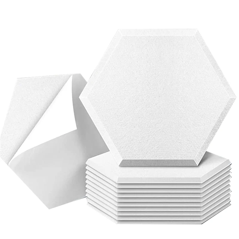 12 Pack Self Adhesive Acoustic Panels, 14 x 12 x 0.4inch Soundproof Panels, Hexagon Sound Absorbing Panels white