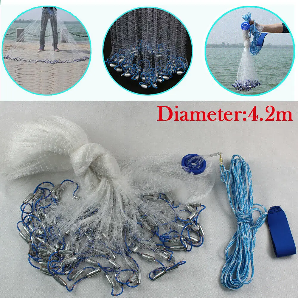 4.2M Fishing Net Bait Easy Throw Hand Cast Strong Netting Twine Mesh Sinker 14Ft