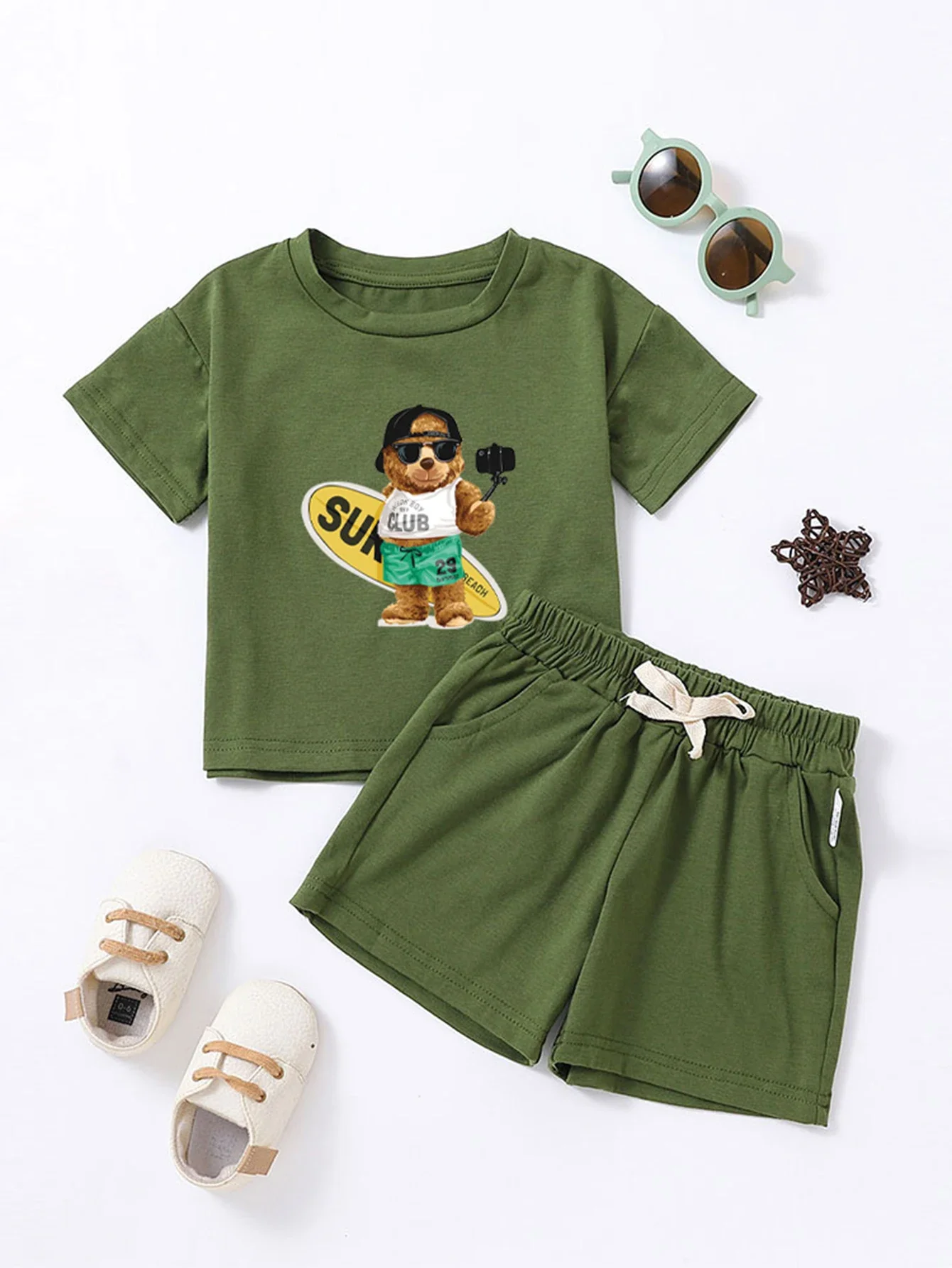 Baby short sleeve shorts set cartoon men\'s and women\'s print summer brown bear moon