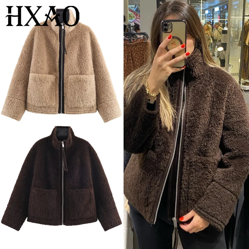 

HXAO Crop Cashmere Coat Women's Demi-Season Jacket 2025 Brown Khaki Outerwears Zip-Up Long Sleeve Tops Elegant Insulated Jackets