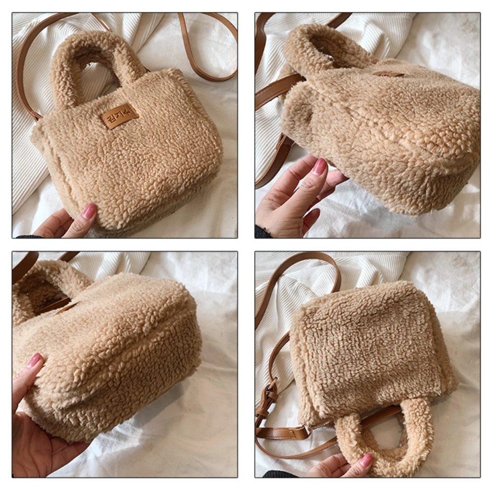 Faux Lamb Wool Cute Bucket Bags Autumn Winter Soft Fluffy Top-Handle Bag Women\'s Small Tote Handbag Ladies Casual Crossbody Bag