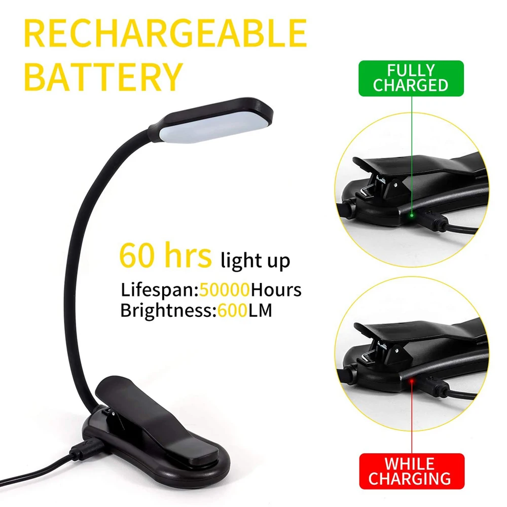 E2 LED Book Light USB Rechargeable Reading Light 3-Level Warm Cool White Daylight Portable Flexible Easy Clip Night Reading Lamp