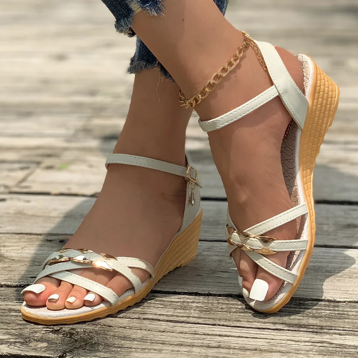 Summer Women's Open Toe Wedge Sandals Fashion Open Toe Ankle Strap Sandals for Women Dress Casual Heeled Shoes Zapatos Mujer