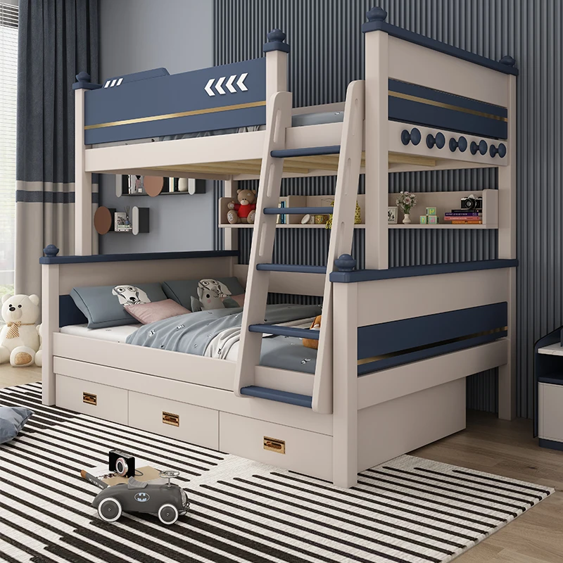 Solid wood high and low bed, small unit children's bed with upper and lower bunk beds, boys and girls with upper and lower bunk