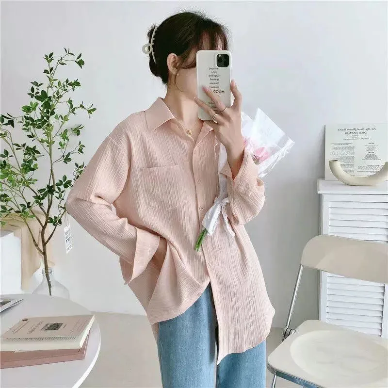 Solid Color Striped Casual Shirts Woman Summer All-match Loose Thin Shirt Coat Female Harajuku Long Sleeve Sun-proof Blouses