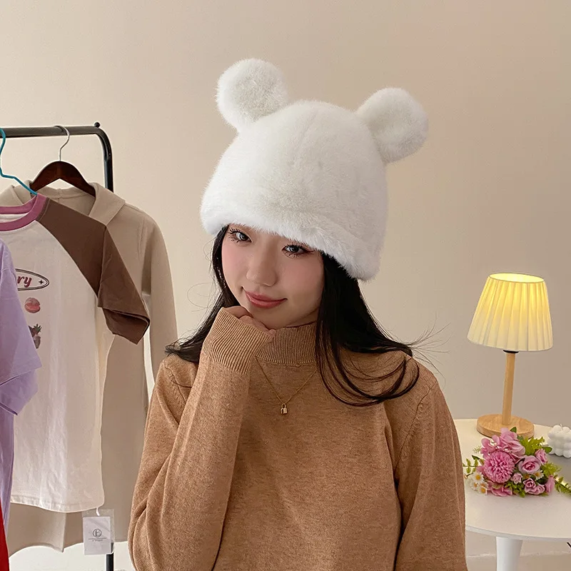 Autumn and winter furry ears Bear hat head around imitation fur warm hat to show the face small ear cap