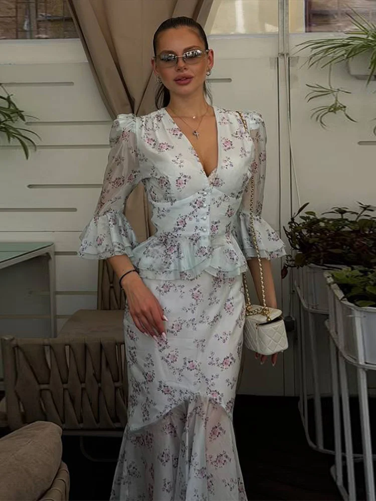 Bedrucktes Rüschen-Oberteil mit Meerjungfrauenrock-Set für Damen – Sexy Tiefer V-Ausschnitt, Halbarm, Taillenbetonende Oberteile, Lange Röcke, Schickes Damen-Outfit, Neu – Detail 16