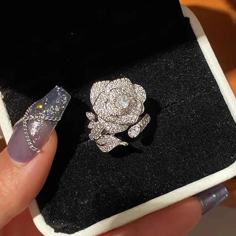 Luxury Female Ring 925 Sterling Silver Sparkling Zircon Rose Flower Opening Rings for Women Promise Love Engagement Gift Anillos