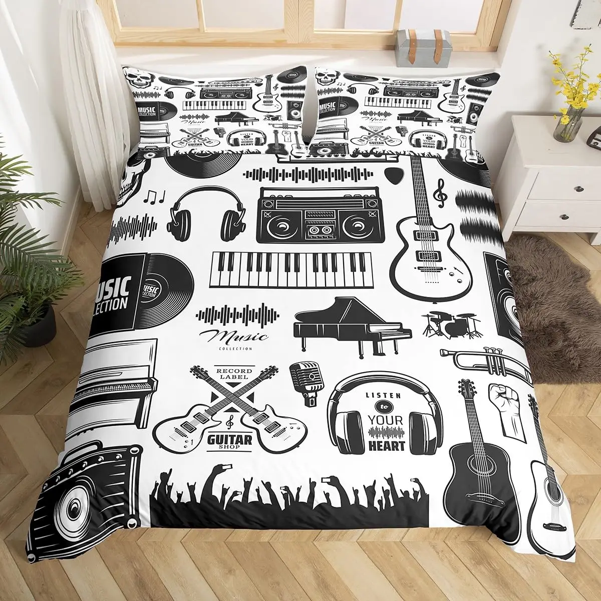 Black White Music Guitar Instrument Piano 3D Print Bedding Set Cozy Duvet Cover King Queen Twin Size Birthday Gift Bedroom Decor