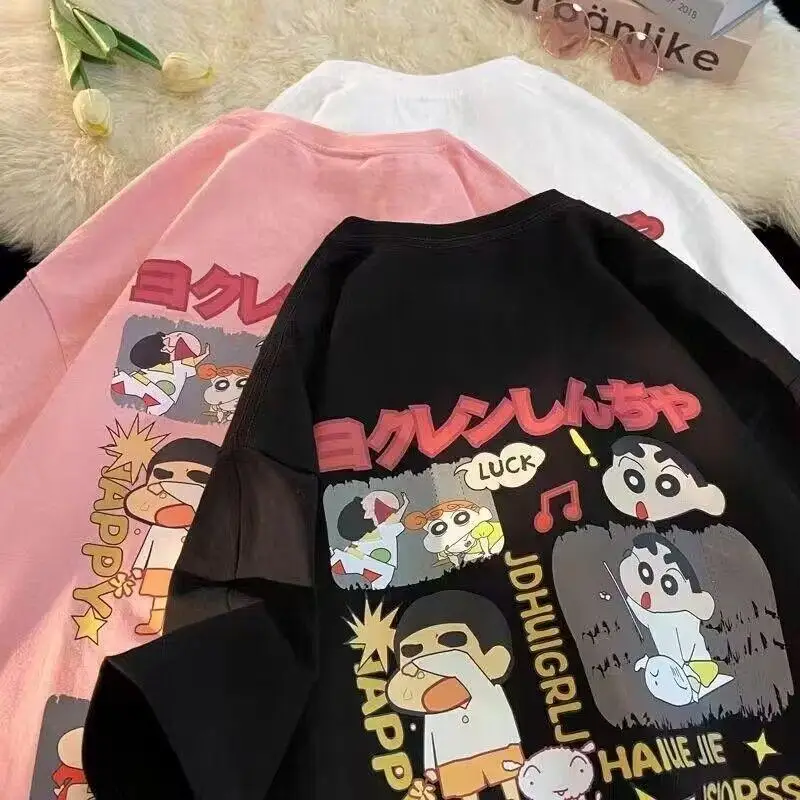 American Crayon Shin-Chan Short Sleeve Women Cartoon Graphic T Shirts Couple Loose Round Neck Student Casual T-Shirt Fashion