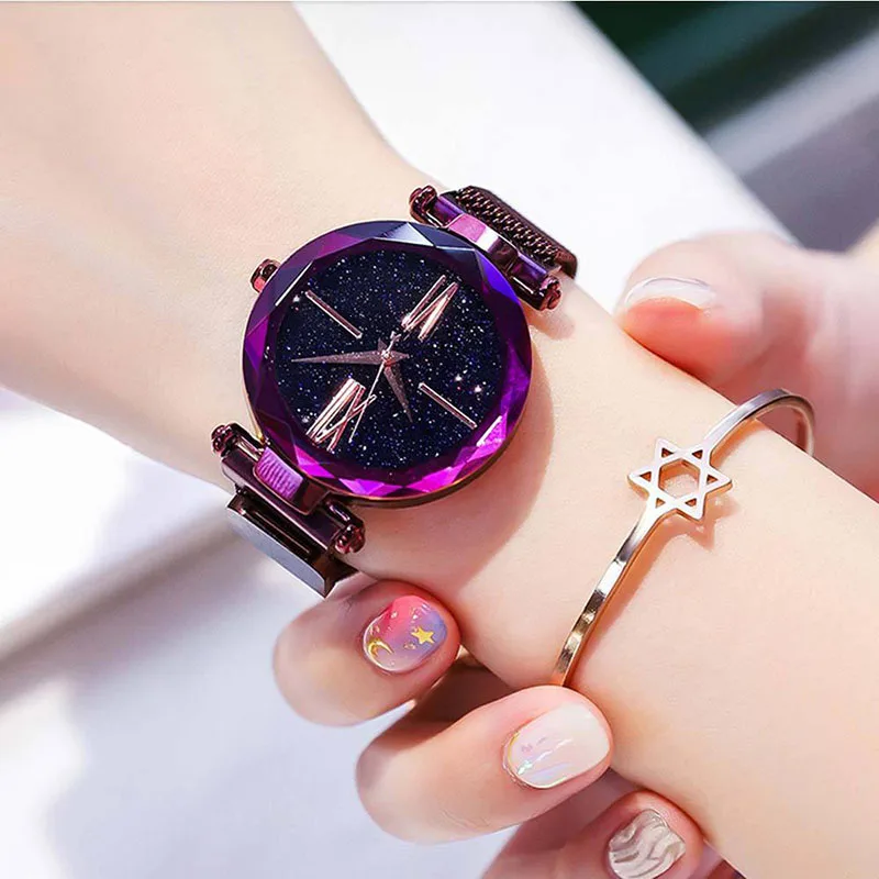 Fashion womens hot star watch magnet strap purple quartz female wristwatche