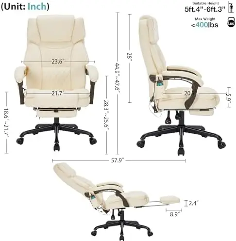 Massage Office Chair with Foot Rest 6 Points Vibration and Heat Home Office Desk Chairs for Heavy People 400lbs