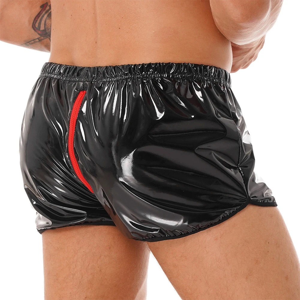 Men's Artificial Leather Boxing Shorts Zippered Shorts Wet Skirt Shiny Latex Underwear Mid-Waist Underwear Clubwear Boxer Shorts