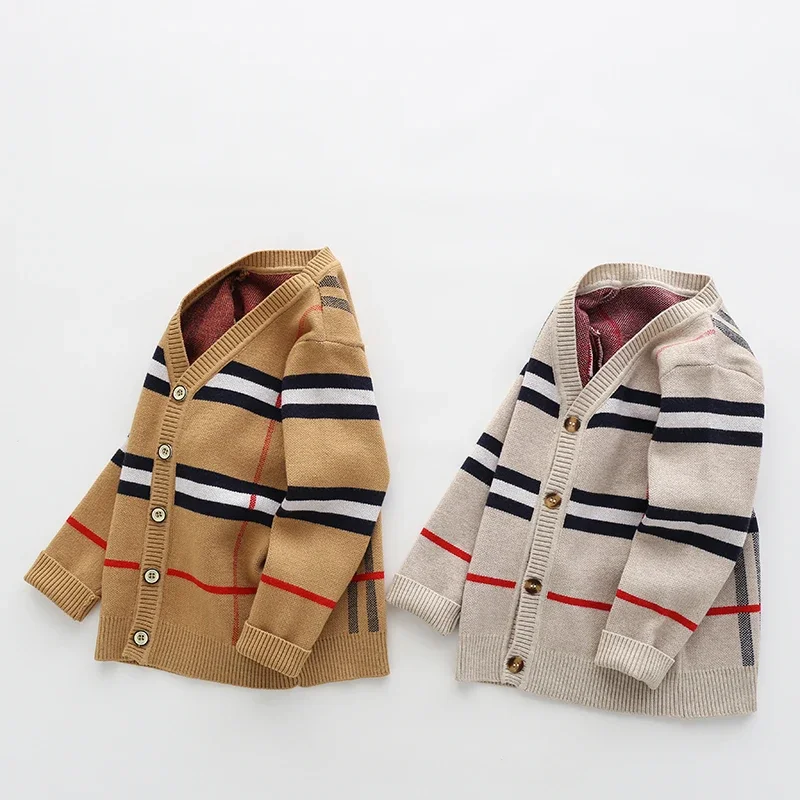 2-8T Toddler Kid Baby Boys Girls Cardigan Sweater Autumn Winter Knit Clothes Long Sleeve Plaid Fashion Knitwear Cute Streetwear