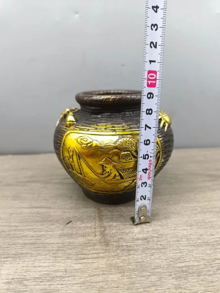 Antique Thickened Gilded Purple Copper Eight Directions Wealth Jar Tea Cup Home Vintage Collectible Old Item
