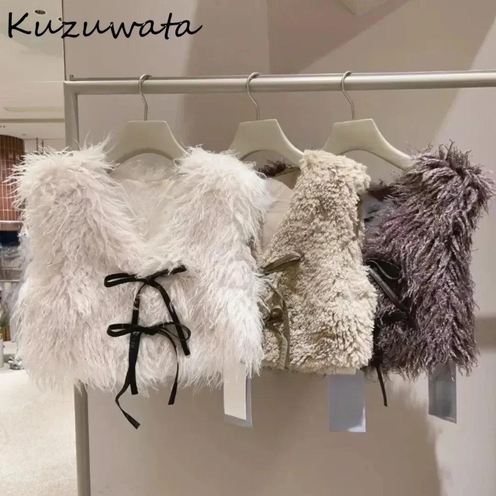 Kuzuwata Vintage French Style Fur Fluffy Vest Lace Up Elegant Minority Feminine Office Lady Jacket Japan Sweet Moda Fresh Coat