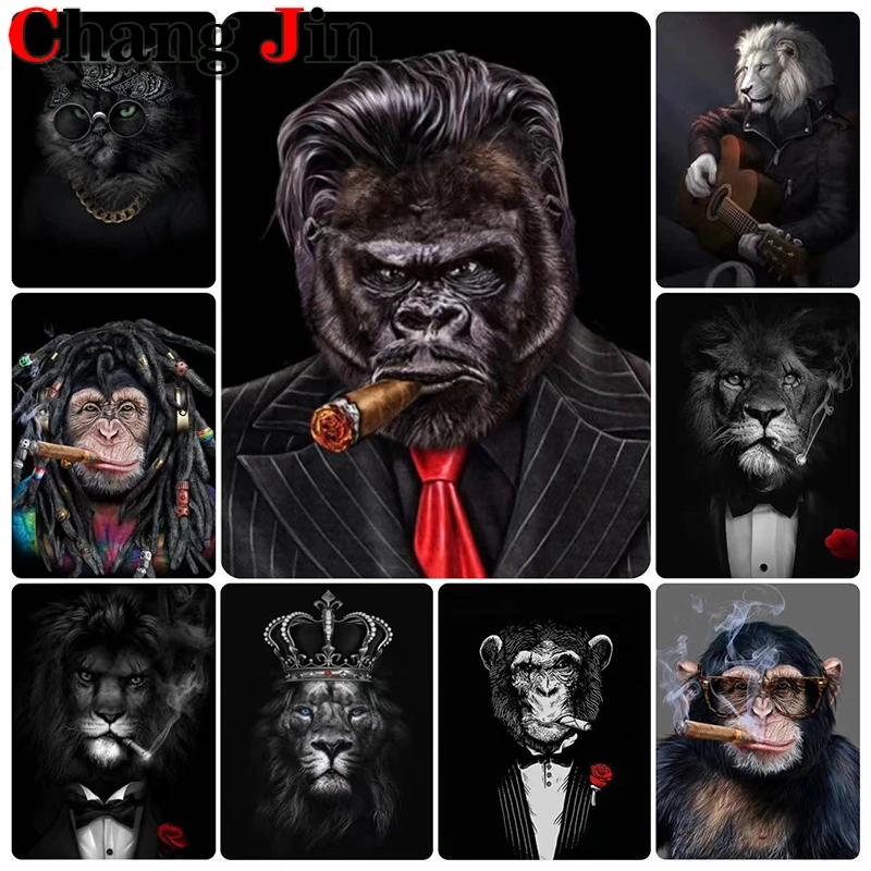 5D Diy Diamond Painting Smoking Chimpanzees Lion Cross Stitch Abstract Animal Monkey Diamond Art Embroidery Mosaic Home Decor Gi