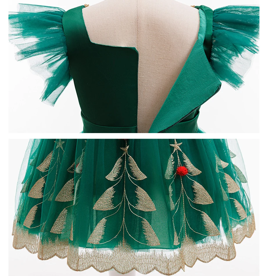 فستان الأميرة الأخضر لعيد الميلاد للفتيات، تنورة توتو مطرزة بياقة دانتيل، فستان حفلات الأطفال، ملابس رسمية لعيد الميلاد