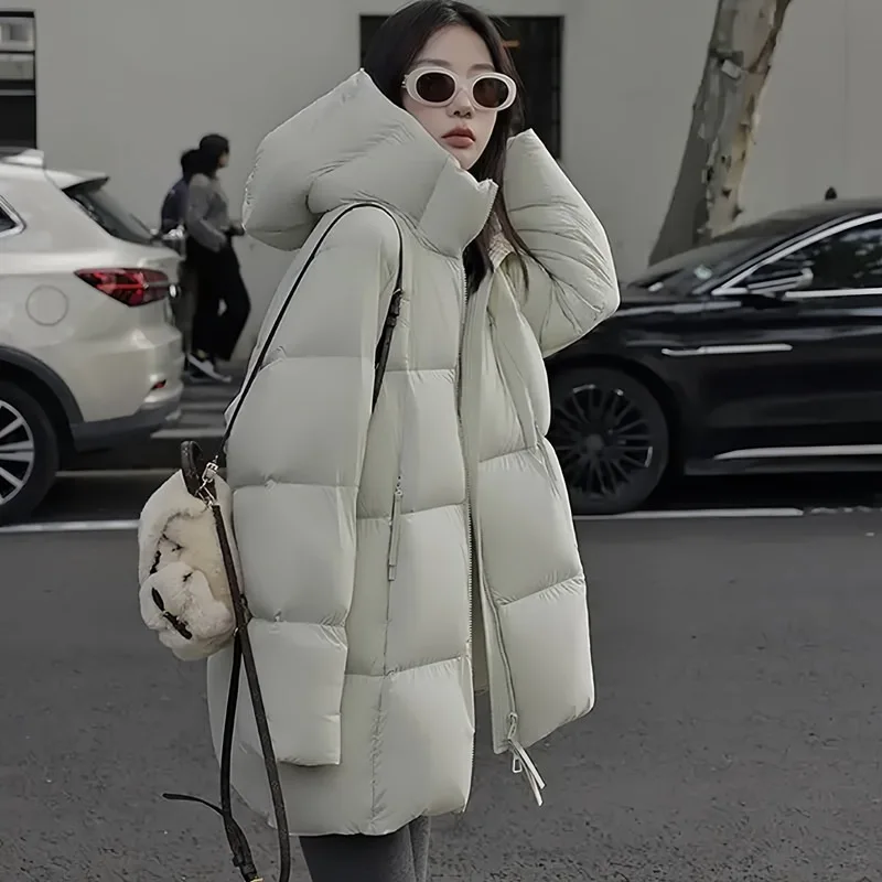 Hooded Long Winter Coat for Women with Wide Quilted Panels Thick Warm Padding Loose Fit Full Zip Casual Insulated Puffer Jacket