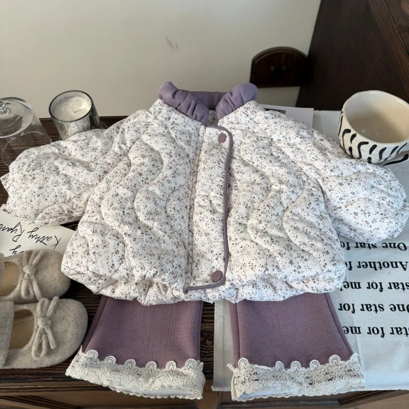 

New Winter Children 1-10Y Girls Two-piece Set Floral Pattern Thicken Warm Toddler Girls Parkas Jacket+lace Kids Baby Girls Pant