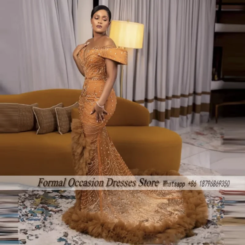 Generous Prom Dresses Elegant Mermaid Split Tiered Ruffles Off Shoulder Sequins Beaded Applique Women Prom Dress Customized
