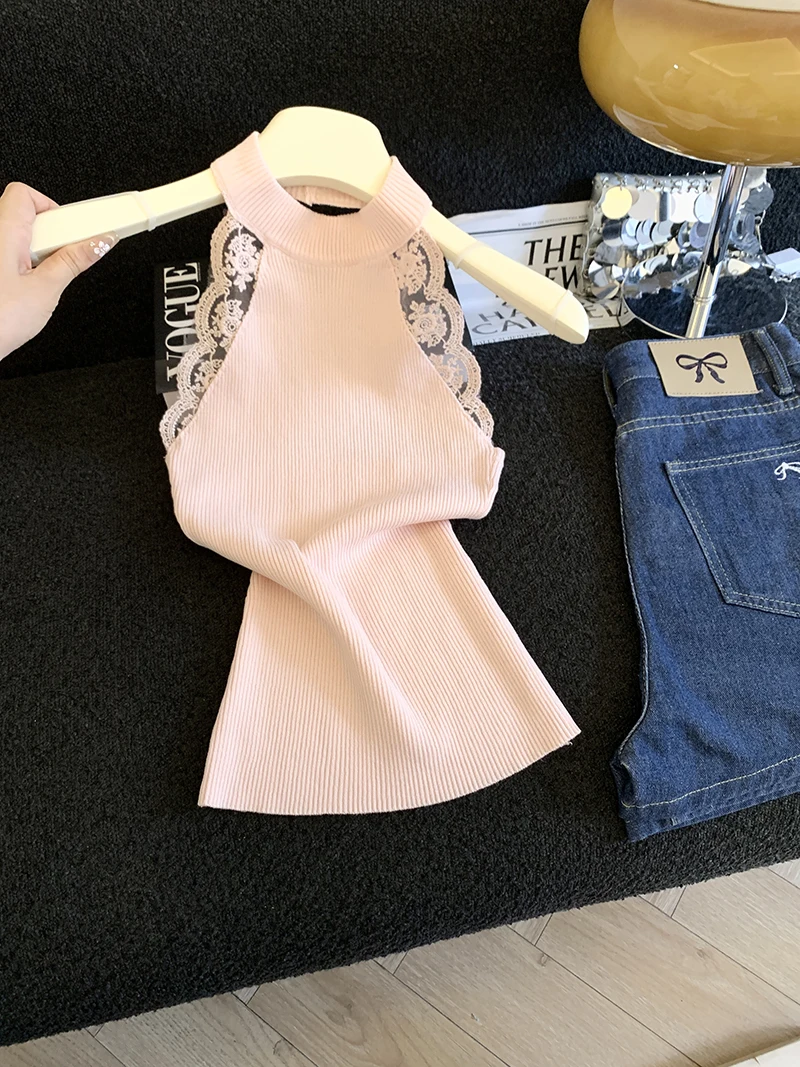 Lace Splicing Neck Hanging Sleeveless Knitted Vest Women's Summer New Super Beautiful Top Self-Keeping Style Korean Version S...