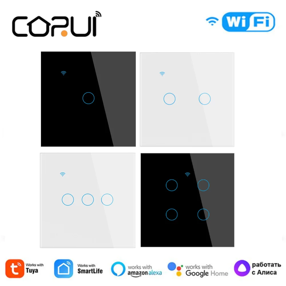 

Умный сенсорный выключатель CORUI Tuya, 1/2/3 кнопок, Wi-Fi, RF433 90-250 В