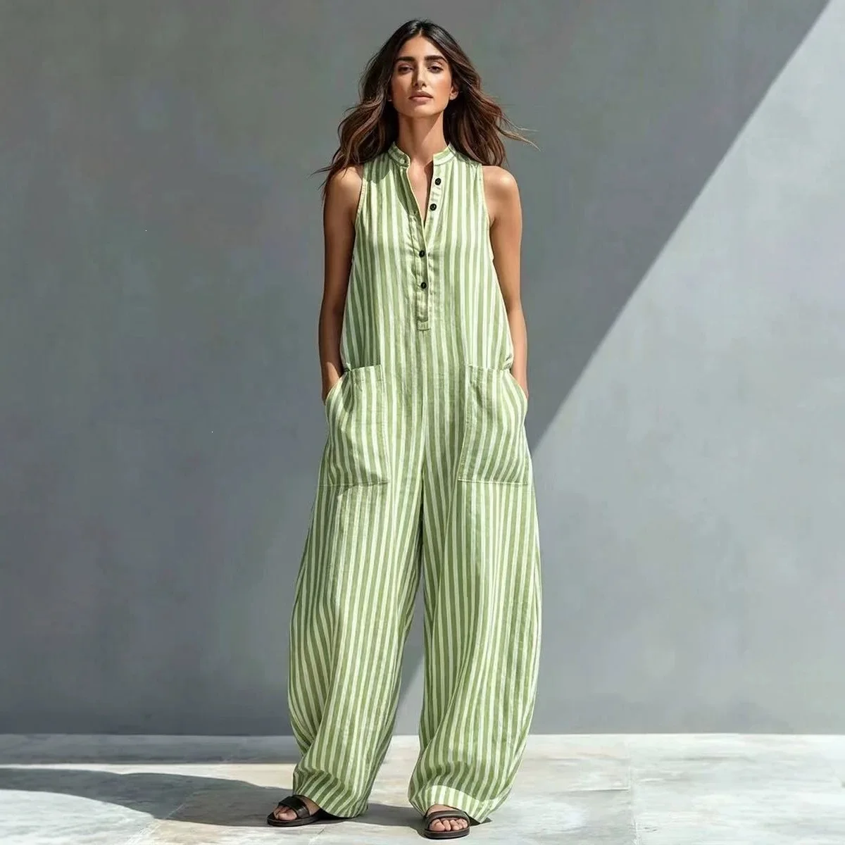 Summer New Loose Leisure Striped Print Sleeveless Women's One-Piece Long Pants Jumpsuit