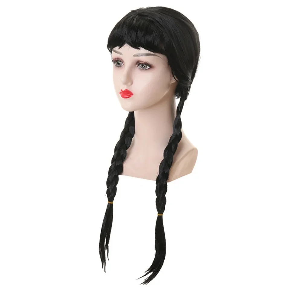 Wednesday Wig For Kids Halloween Wednesday Addams Black Braids Synthetic Hair Cosplay Accessories Crown Necklace Headdress Suit