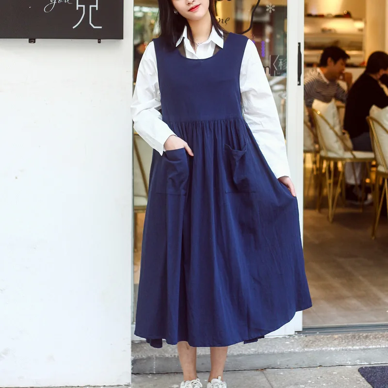 Cotton Linen Side Open Aprons for Women with Pockets Cute Apron Dress for Gardening Painting Baking Cooking Pinafore