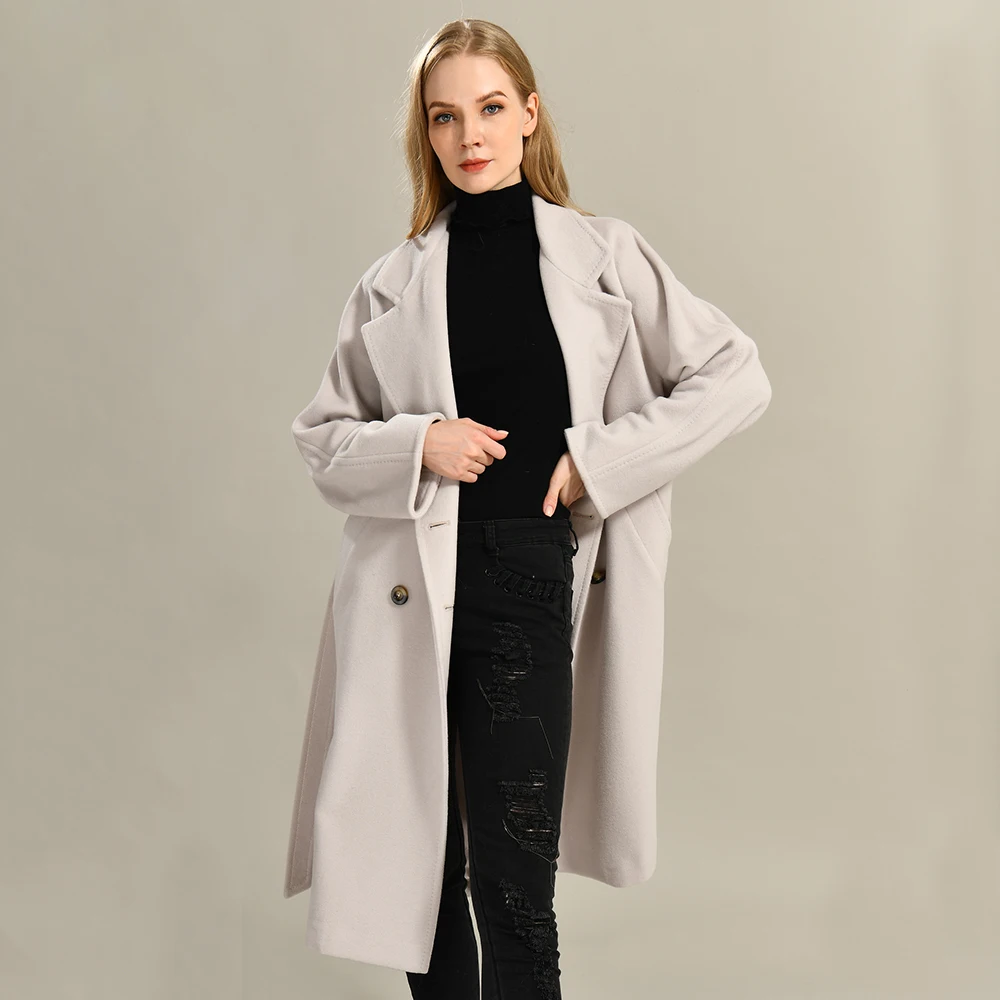 Luxyonuo High-end Cashmere Coat Women's Classic Double-breasted Suit Collar Lady Elegance Double Face Wool Coat Belt Winter Fall